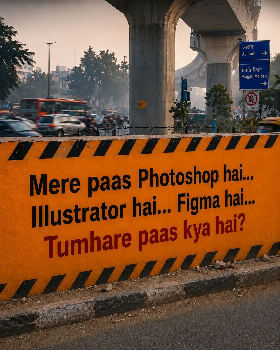 Instagram post: street signage creative reading Mere paas Photoshop hai... Tumhare paas kya hai?